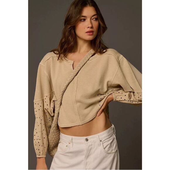 Pilcro Anthropologie Batwing Eyelet Sweatshirt Top Eyelet Embroidered L Boho - Picture 8 of 12